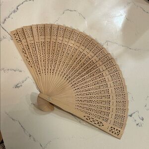 Elegant Tan Wood Hand Fan with sheer bag